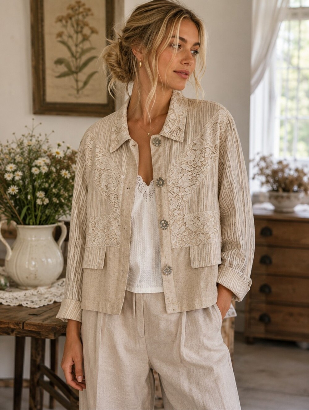 VINTAGE SAINT GERMAIN Paris Linen Lace Jacket Womens Large Beige Cottagecore